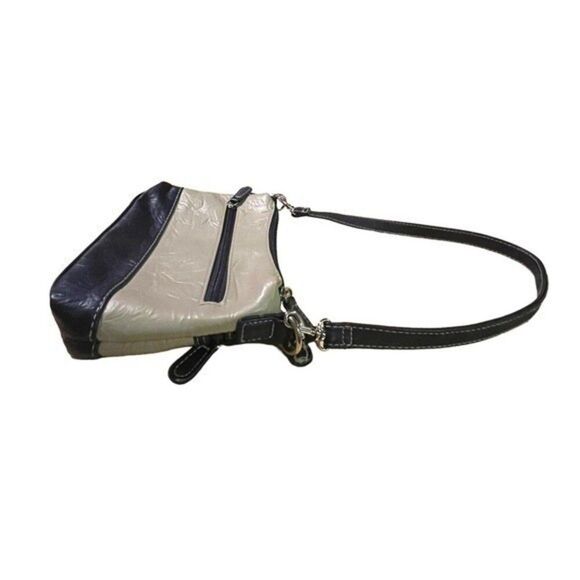 Stone & Co Tumbled Leather Beige & Navy Blue Small Double Zip Shoulder Bag Purse - Picture 5 of 14